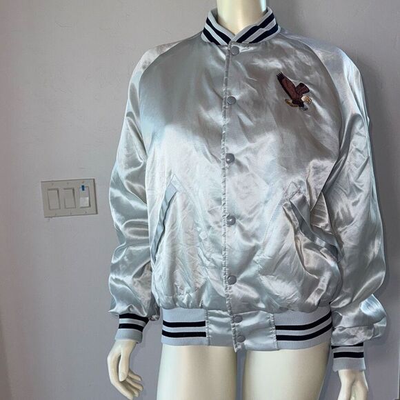 Vintage Satin Silver Gray Striped Rare Eagle Patch Nylon Bomber Jacket Men’s Lar - Picture 9 of 13